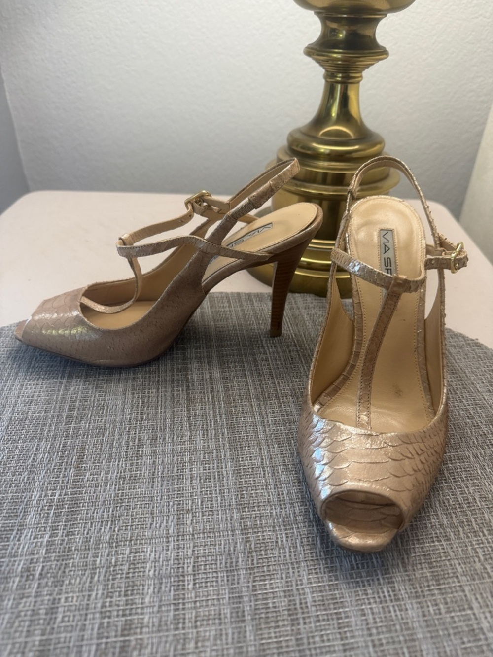 Via Spiga Metallic Gold Peep-Toe T-Strap Heels